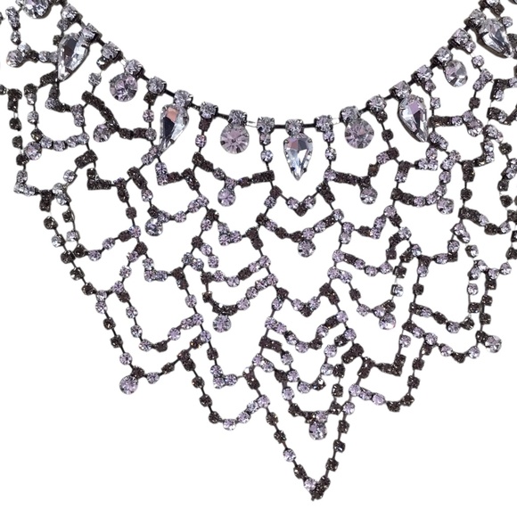 Vintage Rhinestone Bib Necklace, Sparkly Clear Crystal Statement Necklace - Picture 8 of 15